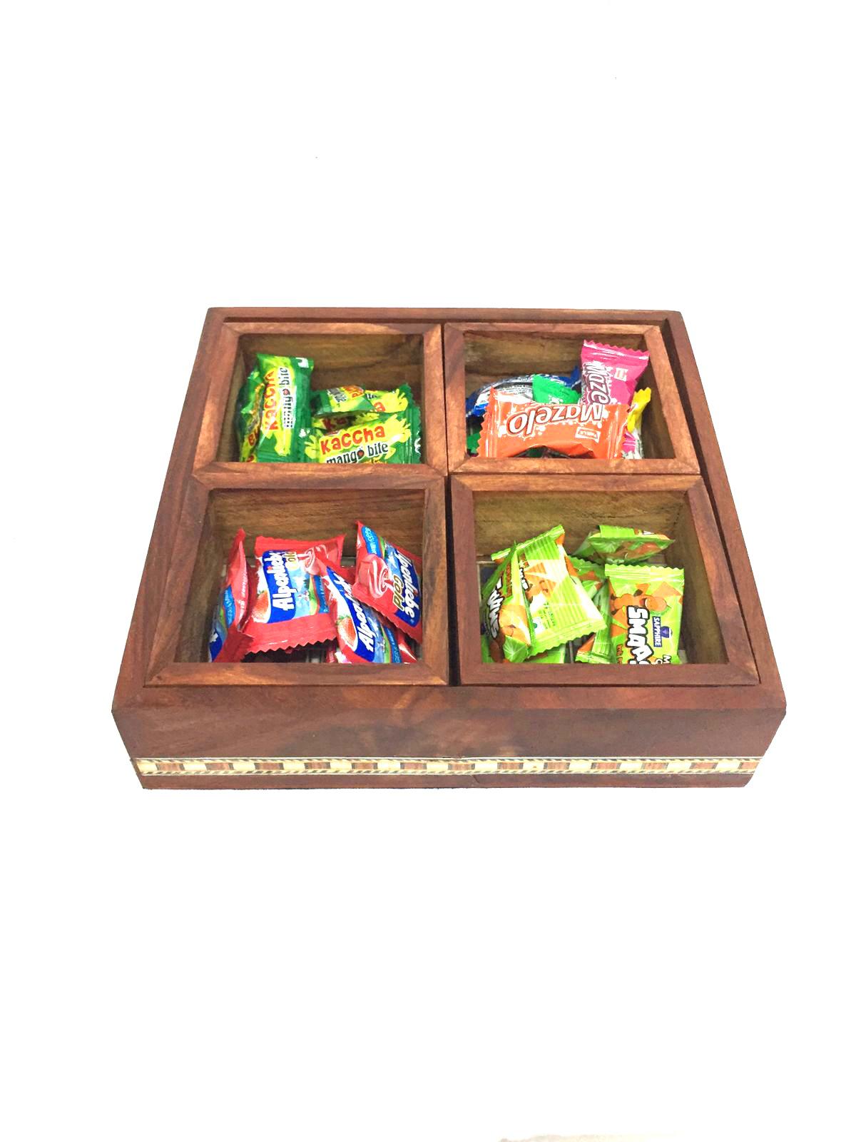 Wooden Platter Tray With Gemstones & 4 Compartments From Tamrapatra