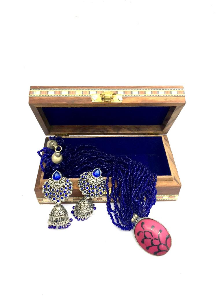 Two Tile Storage Box Wooden Blue pottery in Various Shades By Tamrapatra