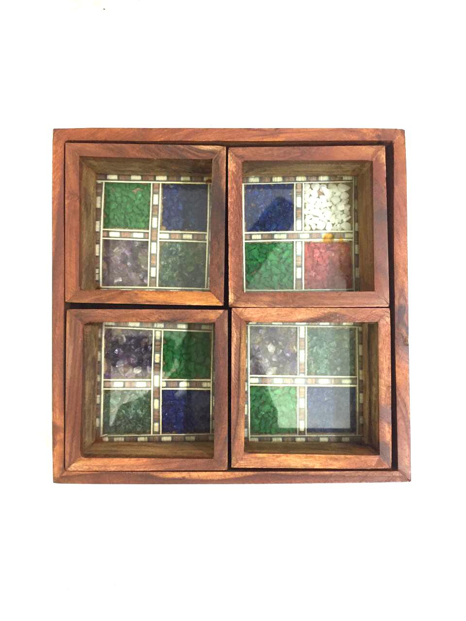 Wooden Platter Tray With Gemstones & 4 Compartments From Tamrapatra