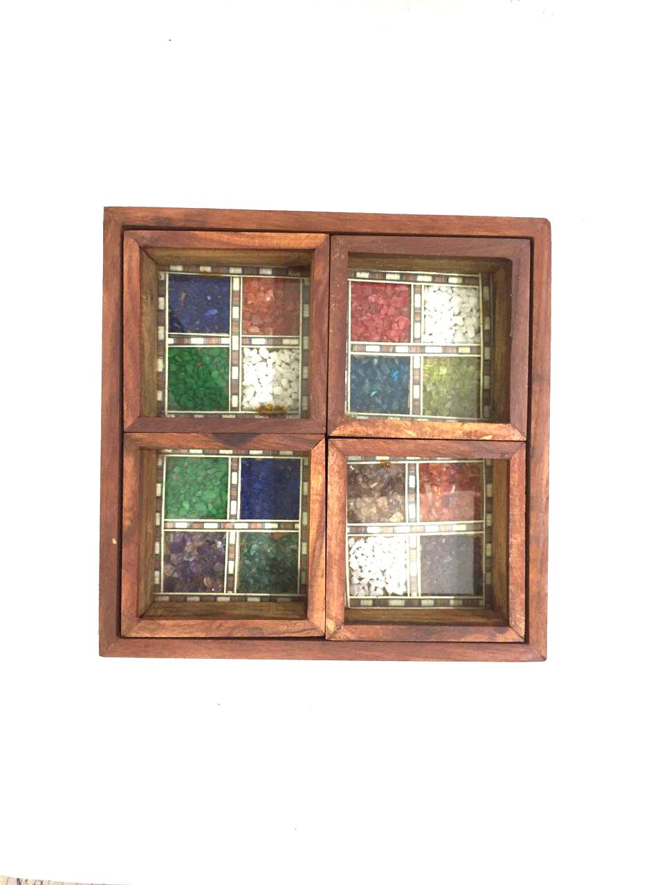 Wooden Platter Tray With Gemstones & 4 Compartments From Tamrapatra