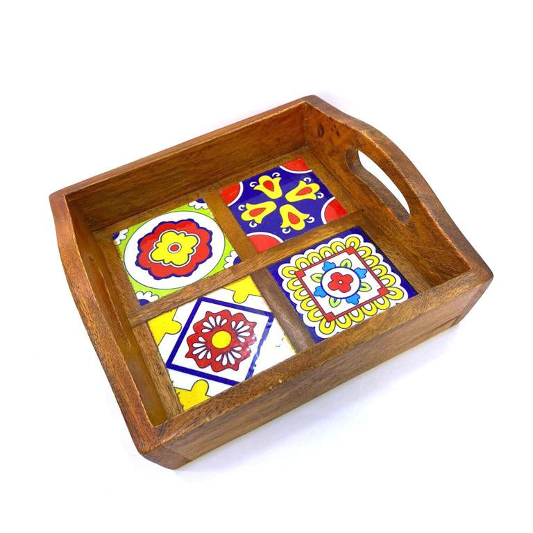 Blue Pottery Tiles Fitted On Strong Wooden Tray Home Decor By Tamrapatra - Tamrapatra