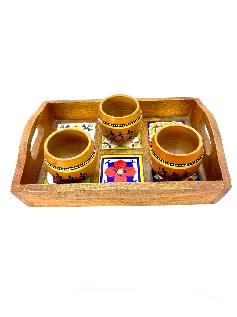 Blue Pottery Tiles Fitted On Strong Wooden Tray Home Decor By Tamrapatra - Tamrapatra