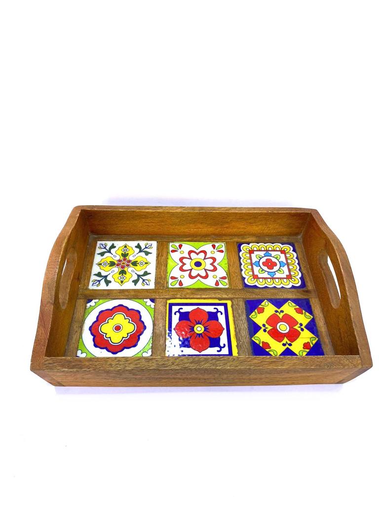 Blue Pottery Tiles Fitted On Strong Wooden Tray Home Decor By Tamrapatra - Tamrapatra