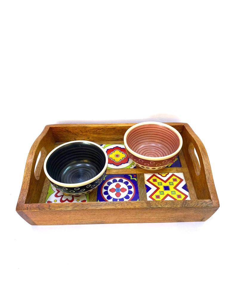 Blue Pottery Tiles Fitted On Strong Wooden Tray Home Decor By Tamrapatra - Tamrapatra