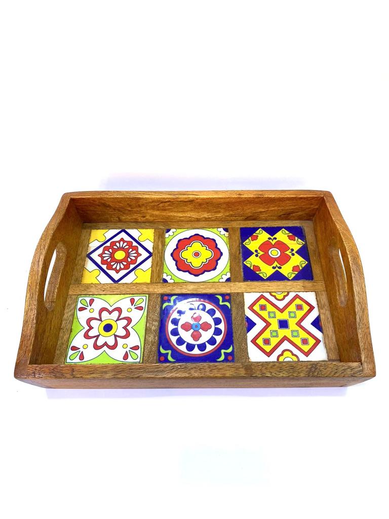 Blue Pottery Tiles Fitted On Strong Wooden Tray Home Decor By Tamrapatra - Tamrapatra