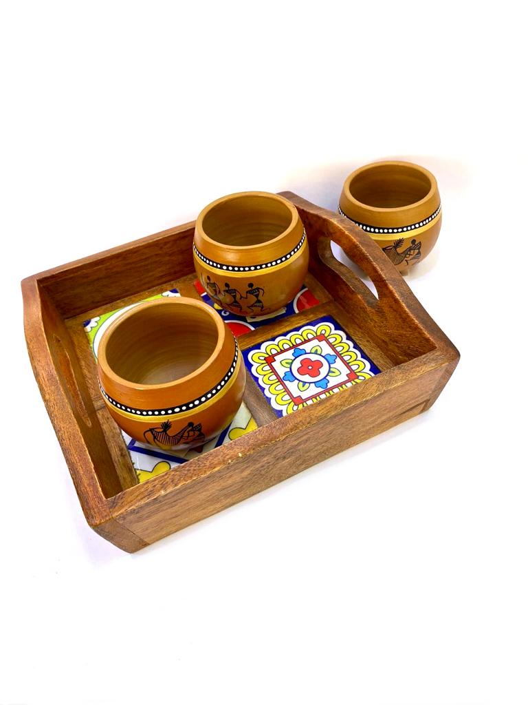 Blue Pottery Tiles Fitted On Strong Wooden Tray Home Decor By Tamrapatra - Tamrapatra