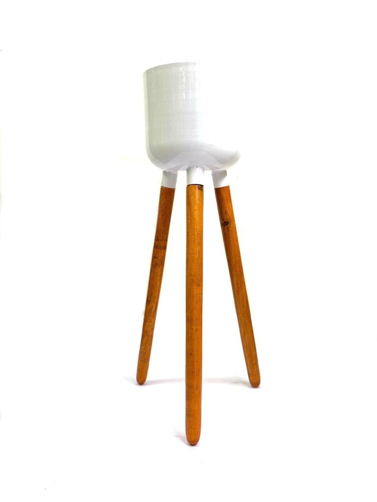 Modern Lavish Pots Metal White Planter On Wooden Stand From Tamrapatra