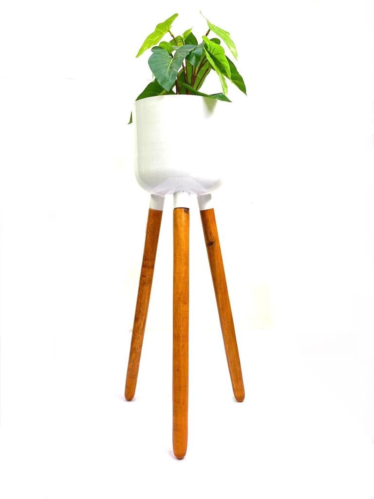 Modern Lavish Pots Metal White Planter On Wooden Stand From Tamrapatra