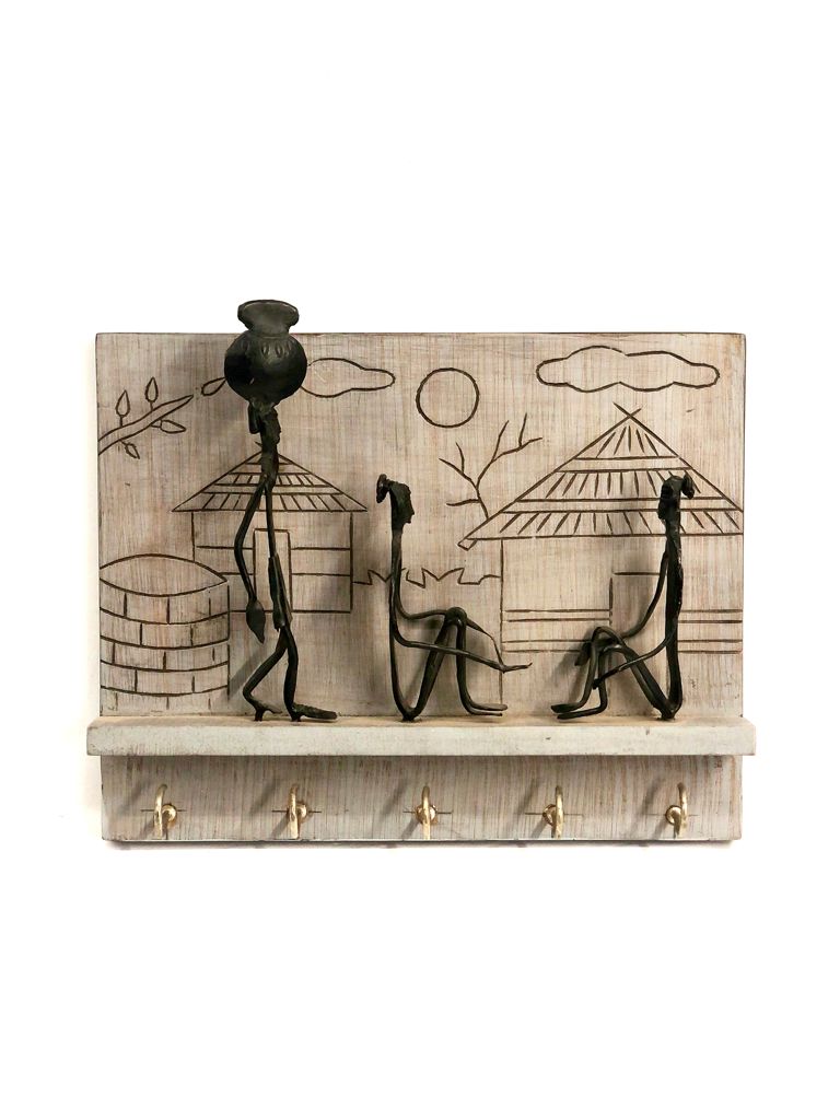 Wrought Iron Tribal Figures On Carved Wood Key Holder Attraction By Tamrapatra