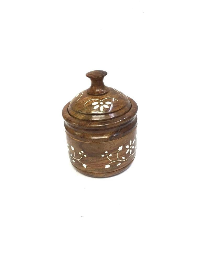 Wooden Jar With Lid Creative Flower Carving Design Handcrafted Tamrapatra