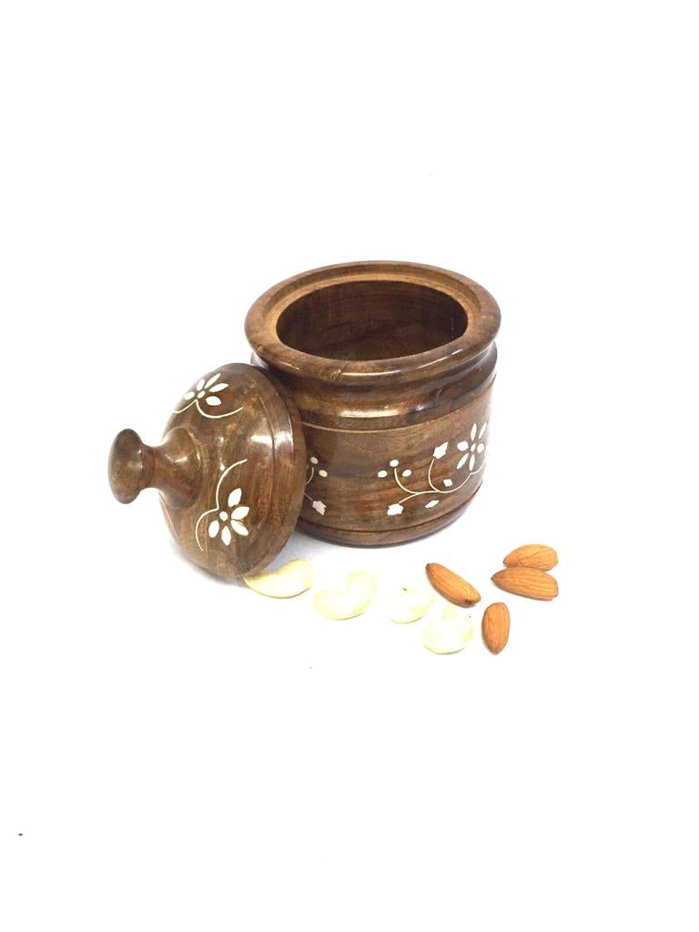 Wooden Jar With Lid Creative Flower Carving Design Handcrafted Tamrapatra
