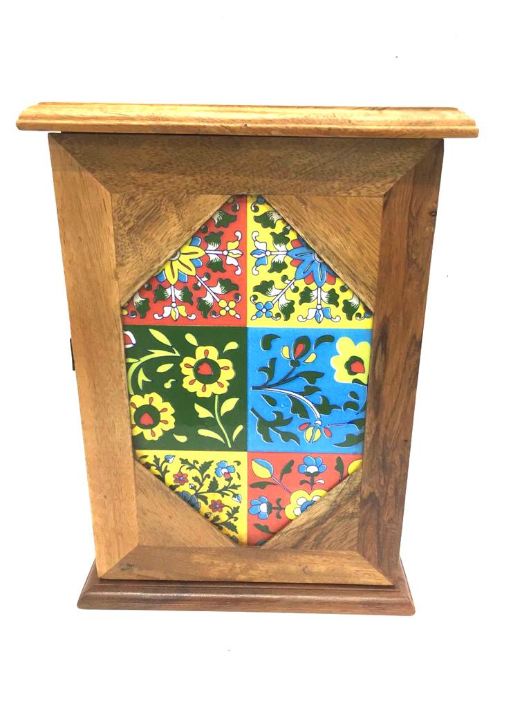 Wooden Key Chain Box Style With Blue Pottery Tiles Unique Design Tamrapatra