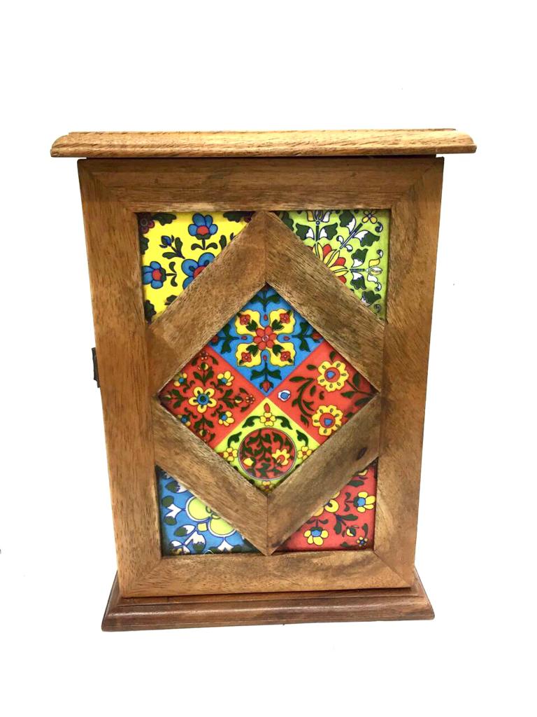 Wooden Key Chain Box Style With Blue Pottery Tiles Unique Design Tamrapatra
