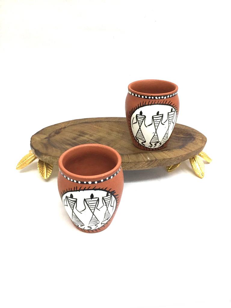 Wooden Platter With Metal Flower Petals Stand For Home Utility Tamrapatra