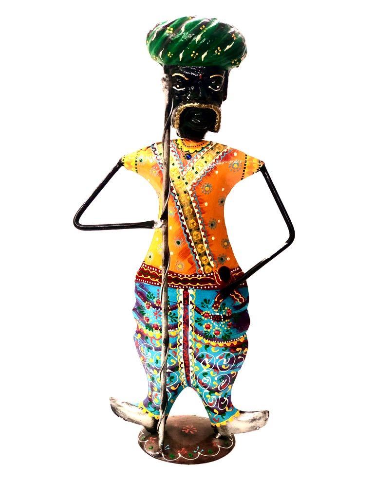 Indian Villager Guard Holding Stick Ethnic Attire Metal Tamrapatra - Tamrapatra