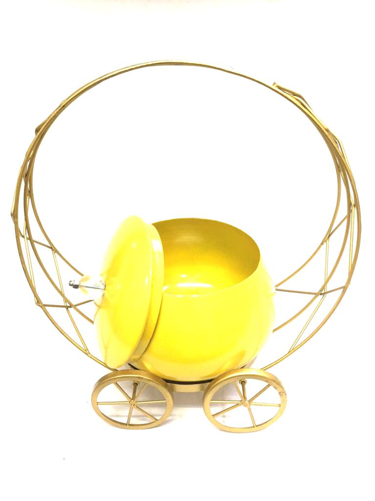 Moving Cart With Storage Container With Lid Handcrafted From Metal Tamrapatra