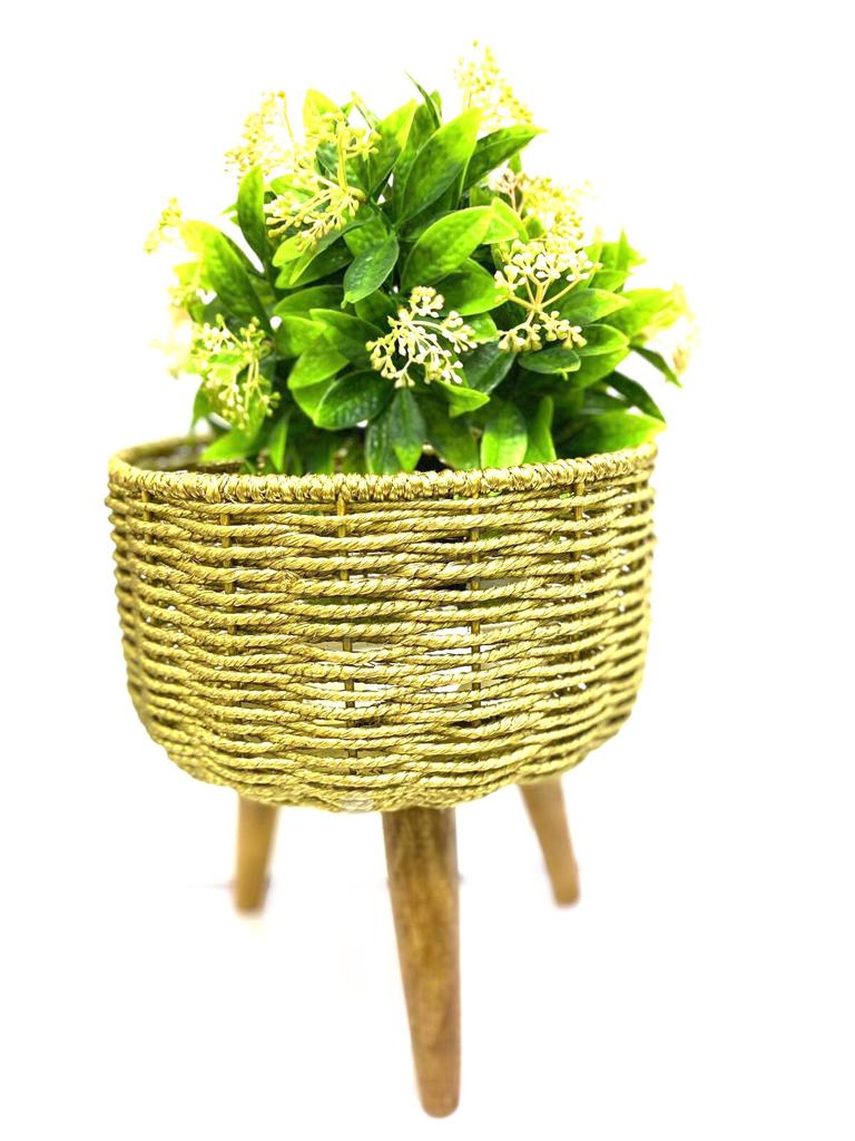 Jute Golden Shade Metal On Wooden Stand Planter Exclusively At Tamrapatra
