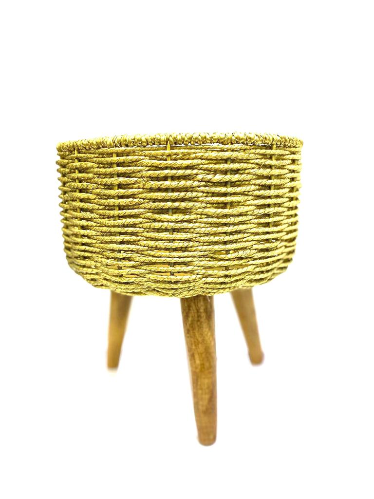 Jute Golden Shade Metal On Wooden Stand Planter Exclusively At Tamrapatra