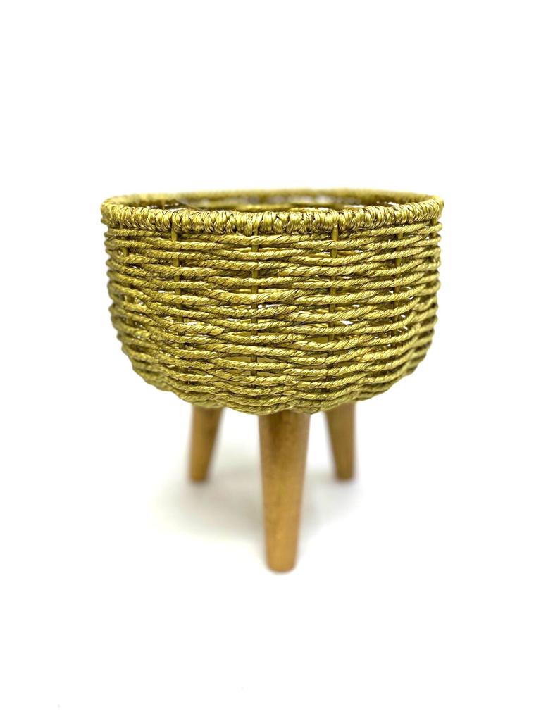Jute Golden Shade Metal On Wooden Stand Planter Exclusively At Tamrapatra