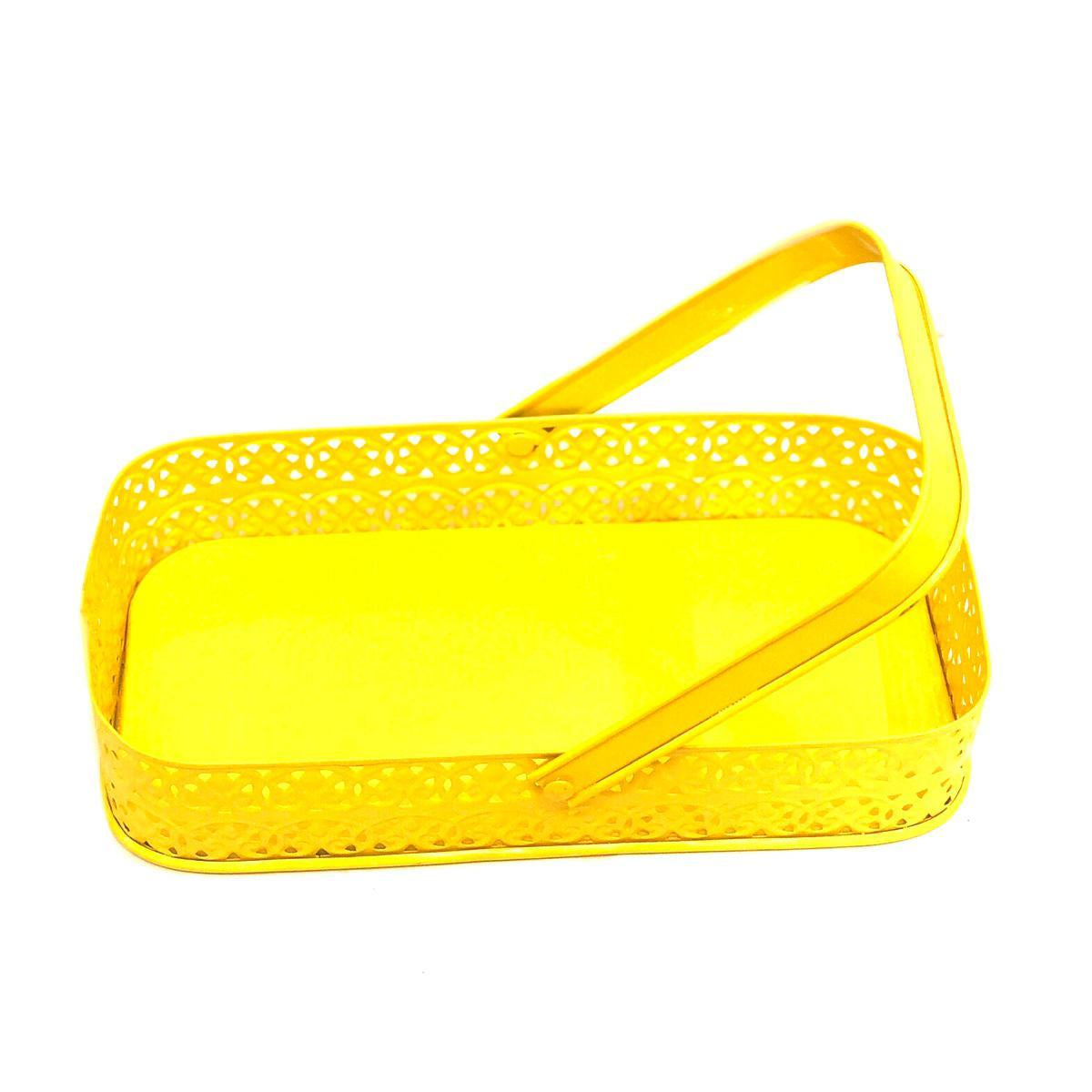 A yellow metal tray with a carry handle, designed for jar and storage needs.