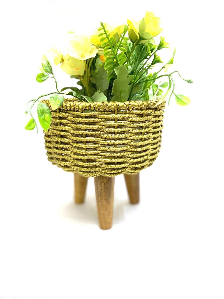 Jute Golden Shade Metal On Wooden Stand Planter Exclusively At Tamrapatra