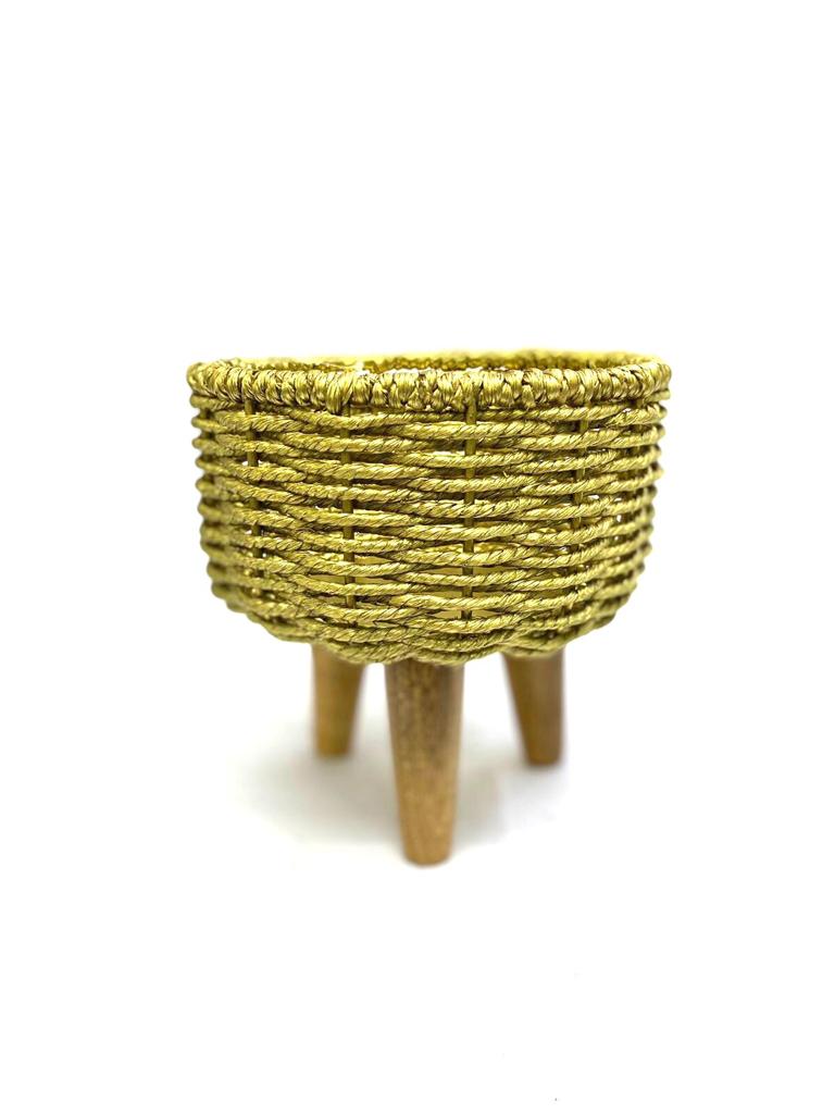 Jute Golden Shade Metal On Wooden Stand Planter Exclusively At Tamrapatra