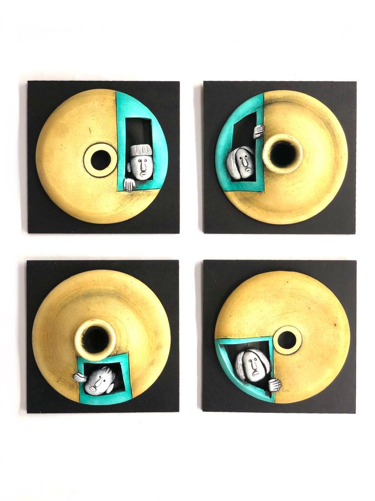 Bumblebee Yellow Colored Creative Pots With Peeping Faces Wall Set Of 4 Tamrapatra