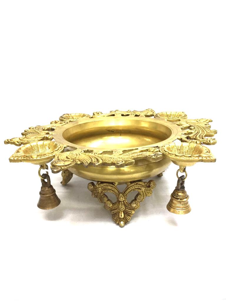 Brass Heavy Urli With 4 Bells & Diya's Peacock Styled Handcrafted By Tamrapatra