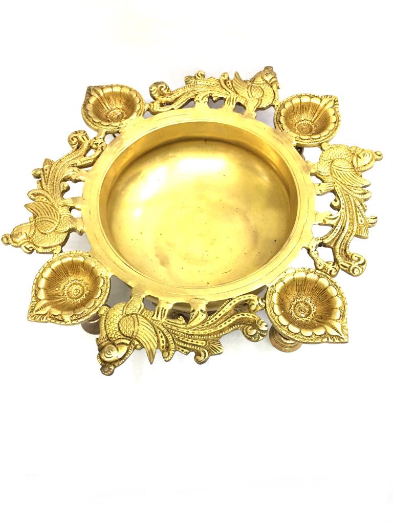 Brass Heavy Urli With 4 Bells & Diya's Peacock Styled Handcrafted By Tamrapatra