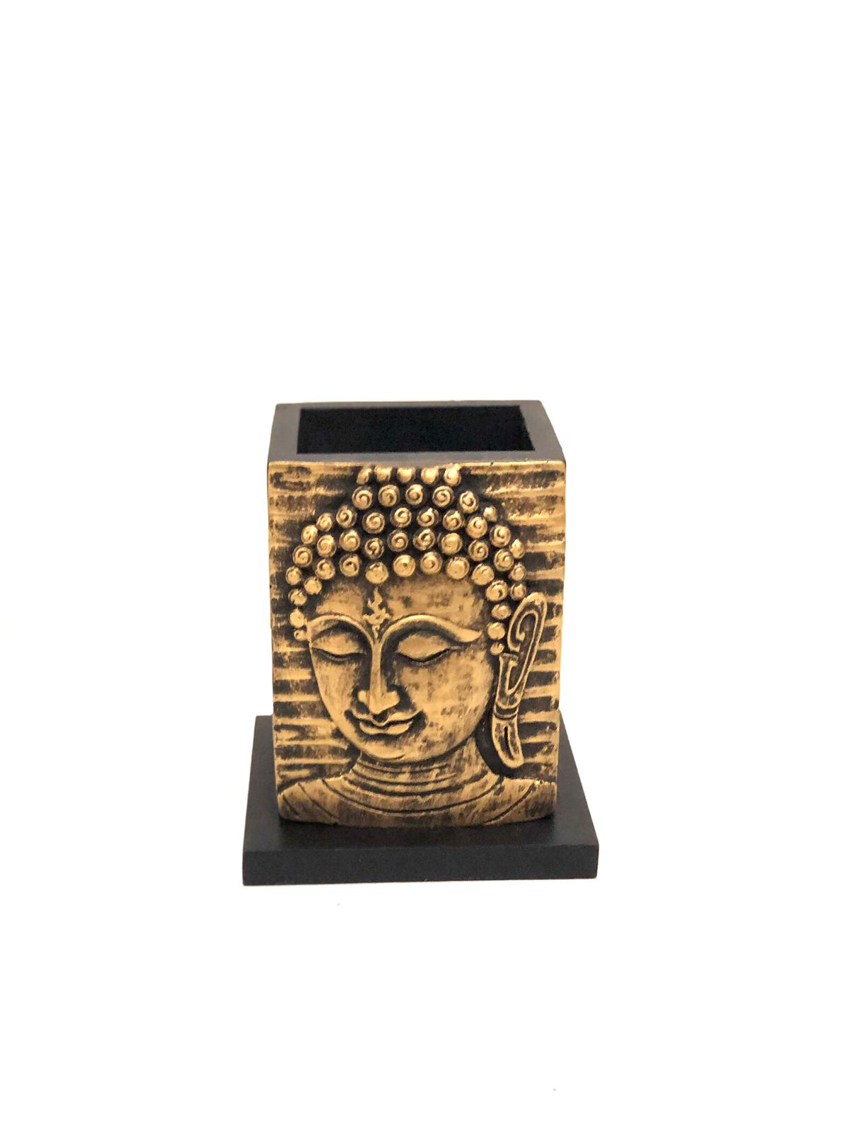 Buddha Face Pen Stand Resin Wooden Combo Stationary Desk By Tamrapatra