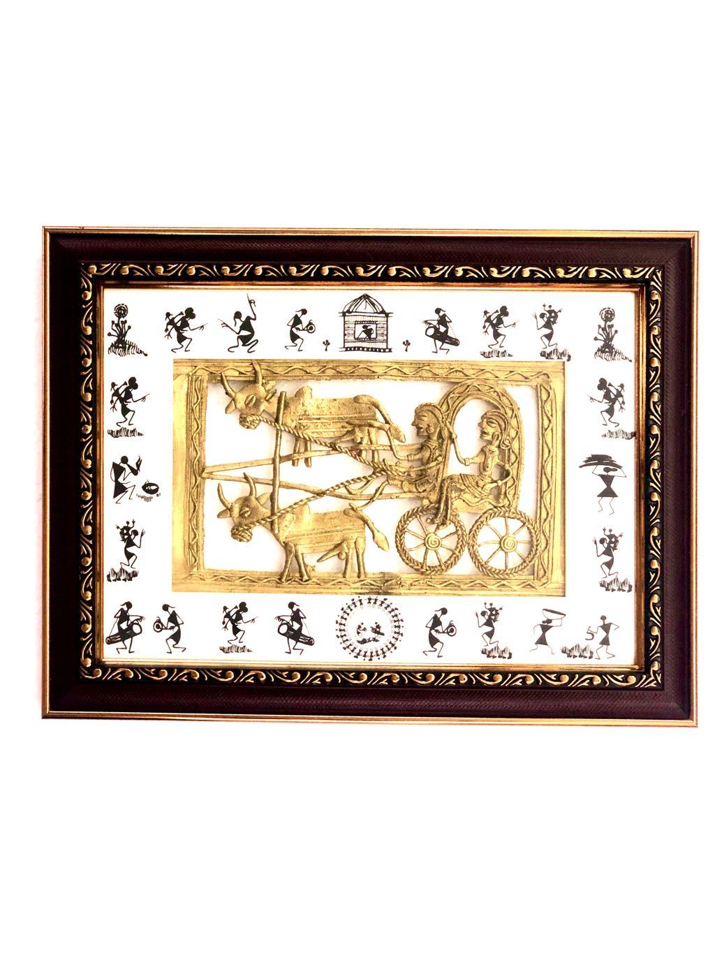 Dhokra Art Depicts Tribal Couple Riding Bullock Cart Frame Available At Tamrapatra