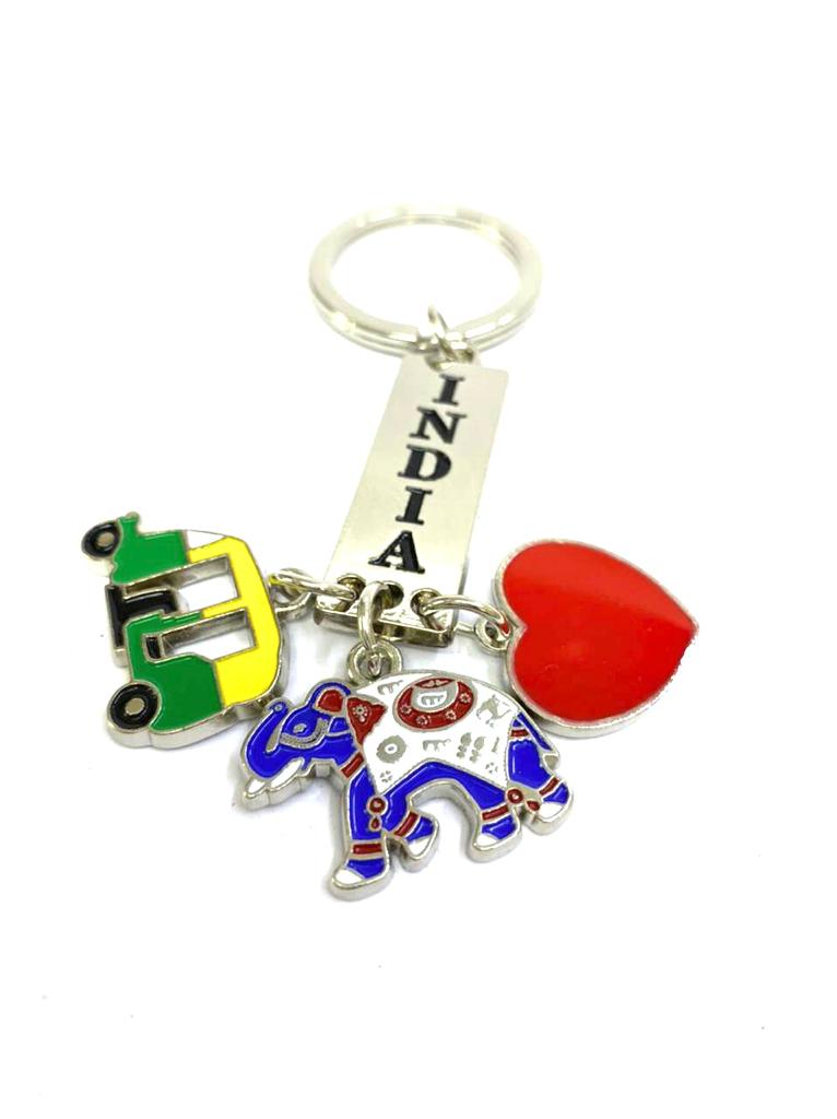 India Keychain With Rickshaw Heart & Elephant Metal Enamel Art Tamrapatra