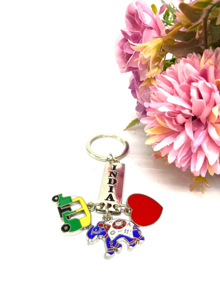 India Keychain With Rickshaw Heart & Elephant Metal Enamel Art Tamrapatra