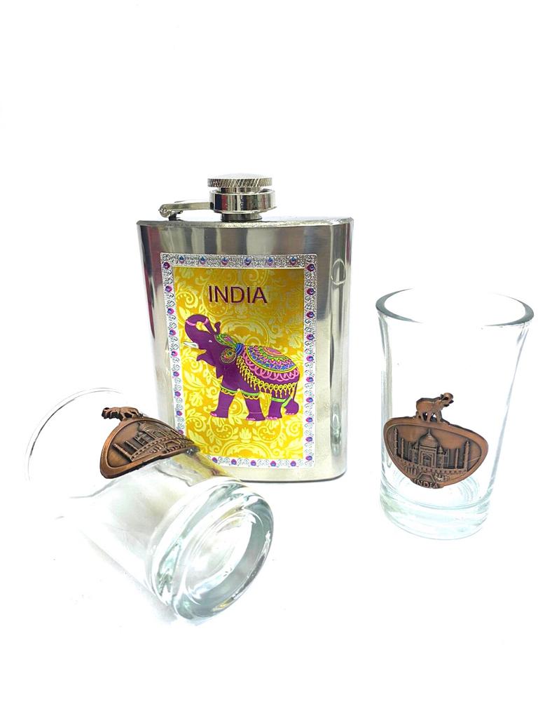 Royal Shot Glasses Set Of 2 Embossed Souvenir Taj Mahal Elephant By Tamrapatra