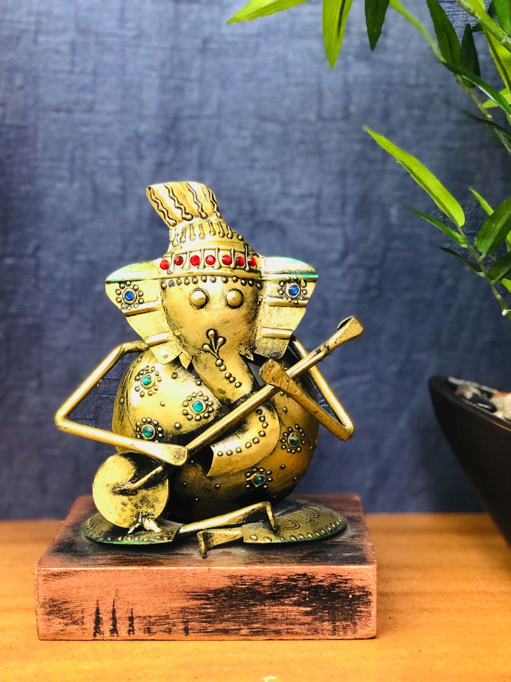 Sitting Musical Metal Lord Ganesha On Wooden Platform Interior Tamrapatra - Tanariri Hastakala