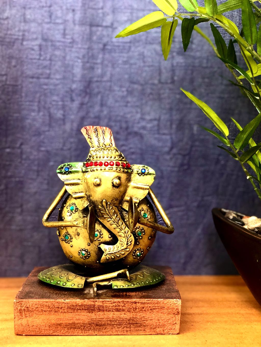 Sitting Musical Metal Lord Ganesha On Wooden Platform Interior Tamrapatra - Tanariri Hastakala