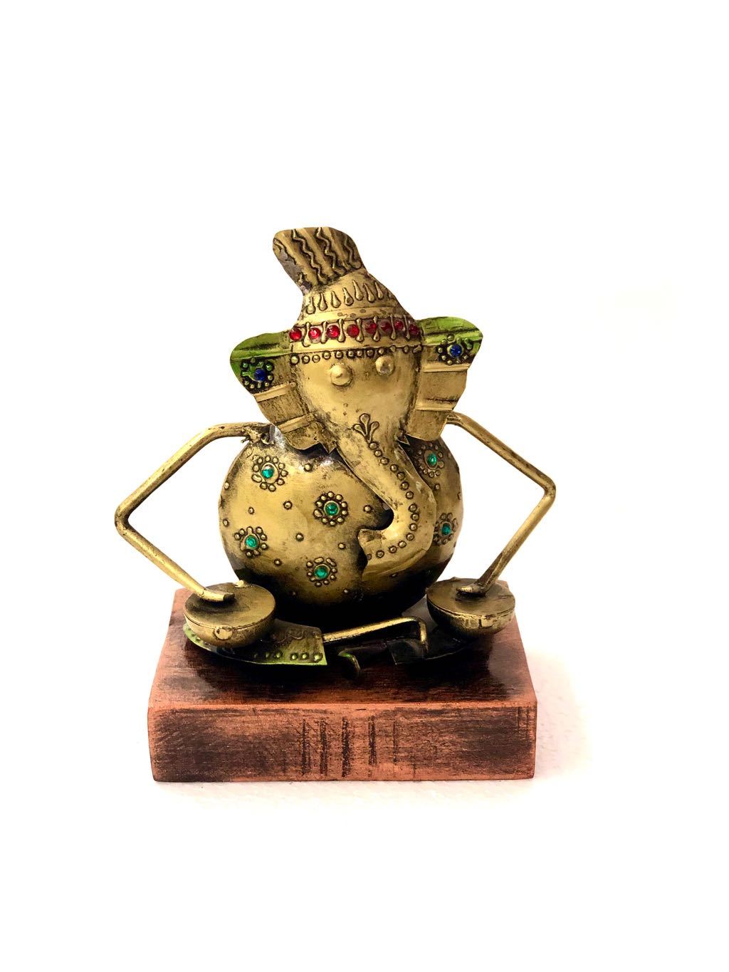 Sitting Musical Metal Lord Ganesha On Wooden Platform Interior Tamrapatra - Tanariri Hastakala