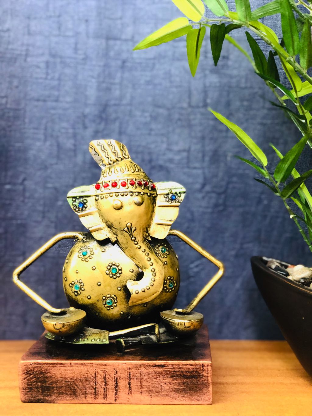 Sitting Musical Metal Lord Ganesha On Wooden Platform Interior Tamrapatra - Tanariri Hastakala