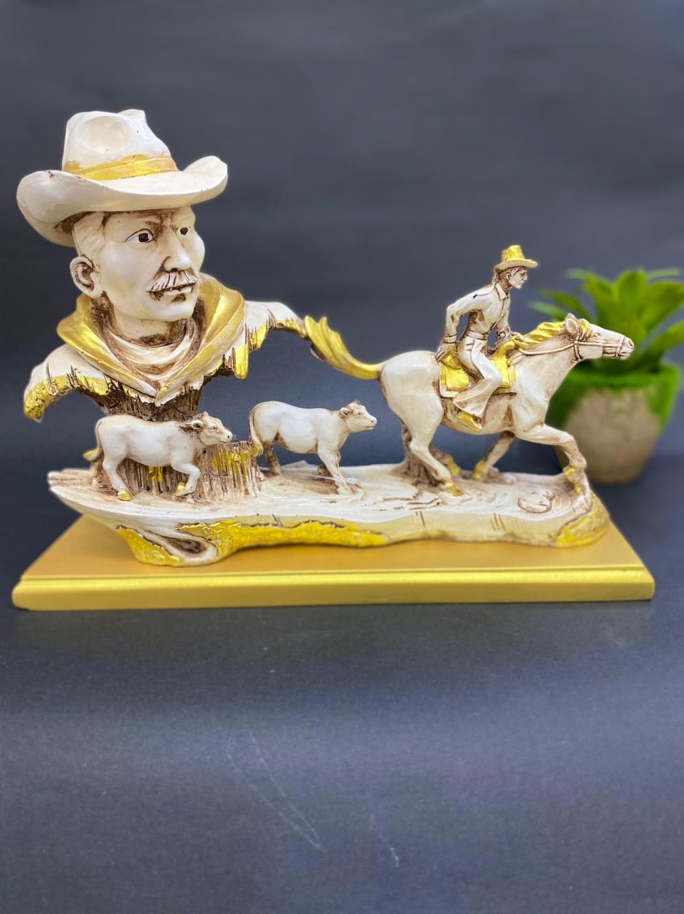 Horse Riding Man Cow Boy Showpiece Hunter Style Décor From Tamrpatra