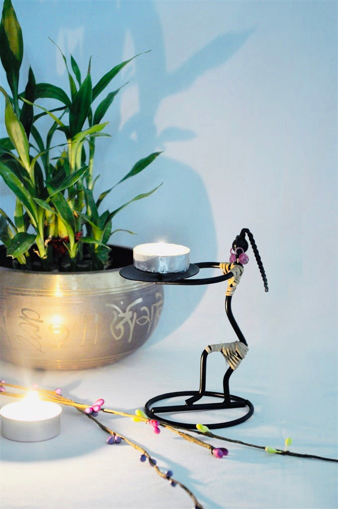 Indian Tribal Lady Tea Light Holder Unique Design Cane Tamrapatra - Tamrapatra