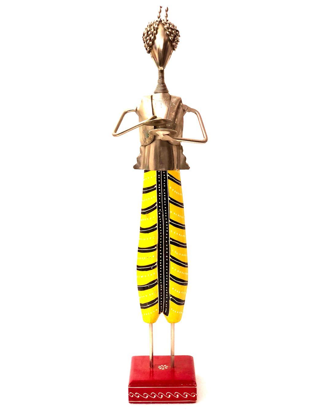 Traditional Attire Metal Musician Painted Nickel Wooden Stand Tamrapatra - Tanariri Hastakala