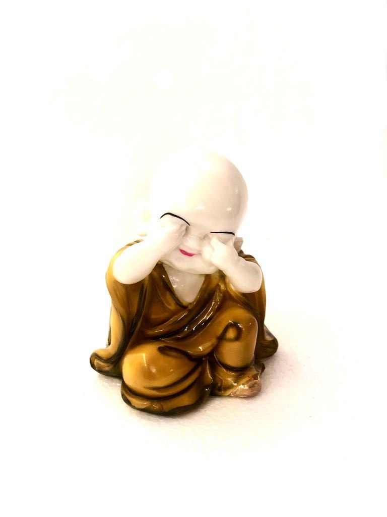 Playful Monks Feng Shui Mustard Yellow Resin Relics From Tamrapatra - Tamrapatra