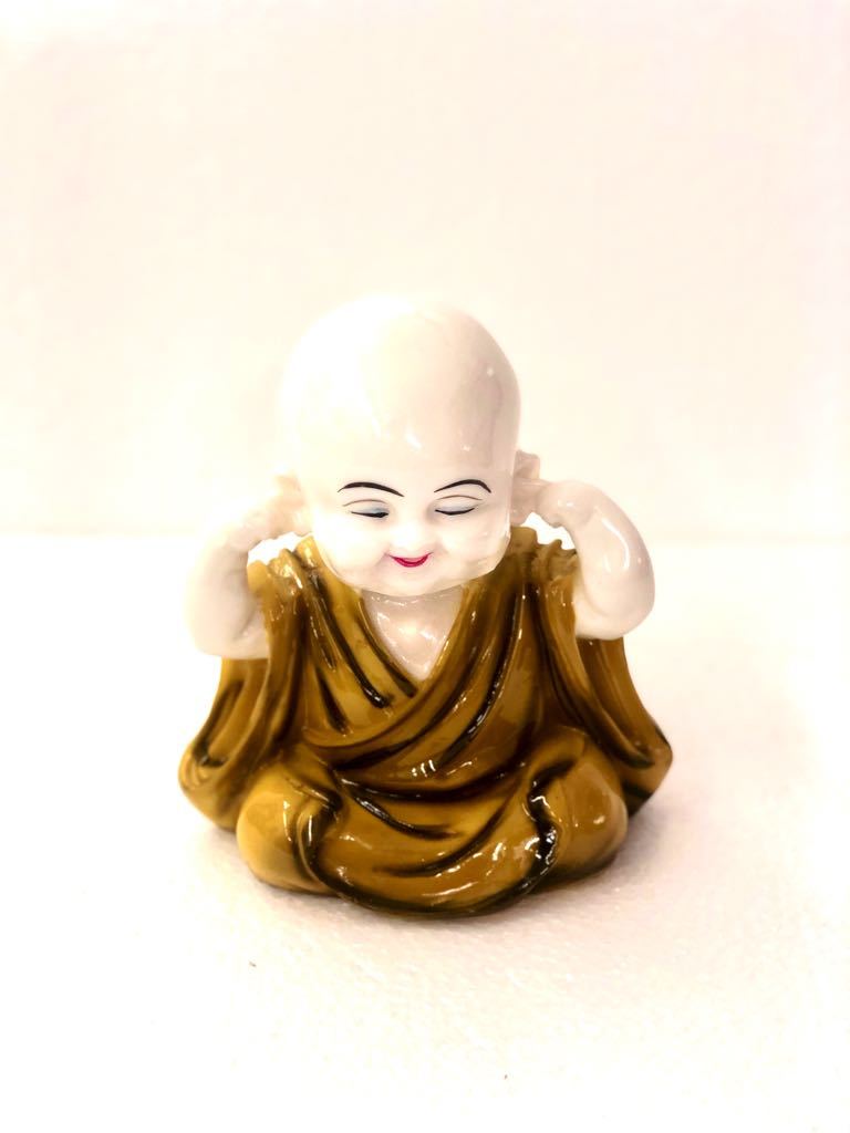 Playful Monks Feng Shui Mustard Yellow Resin Relics From Tamrapatra - Tamrapatra