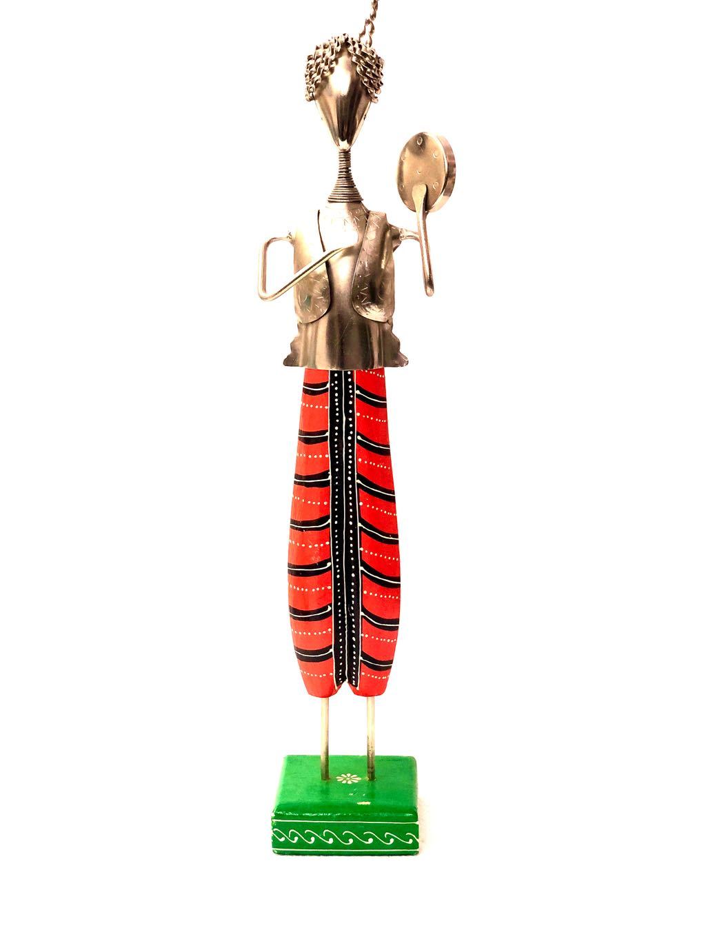 Traditional Attire Metal Musician Painted Nickel Wooden Stand Tamrapatra - Tanariri Hastakala