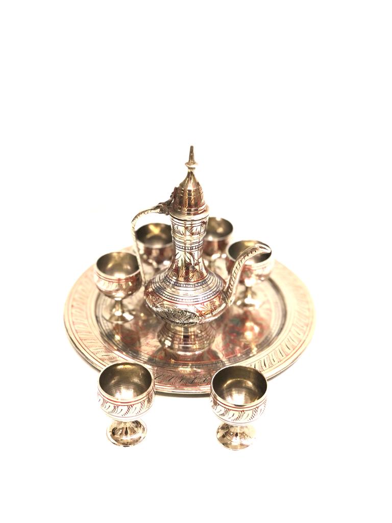 Surahi Jug With 6 Glass & Plate Set Handcrafted Brass Artware Now At Tamrapatra