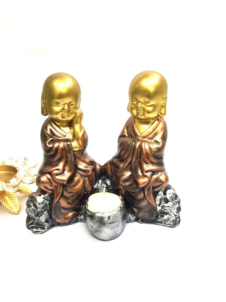 Monks Sitting On Rock With Tea Light Holder Auspicious Artware Tamrapatra