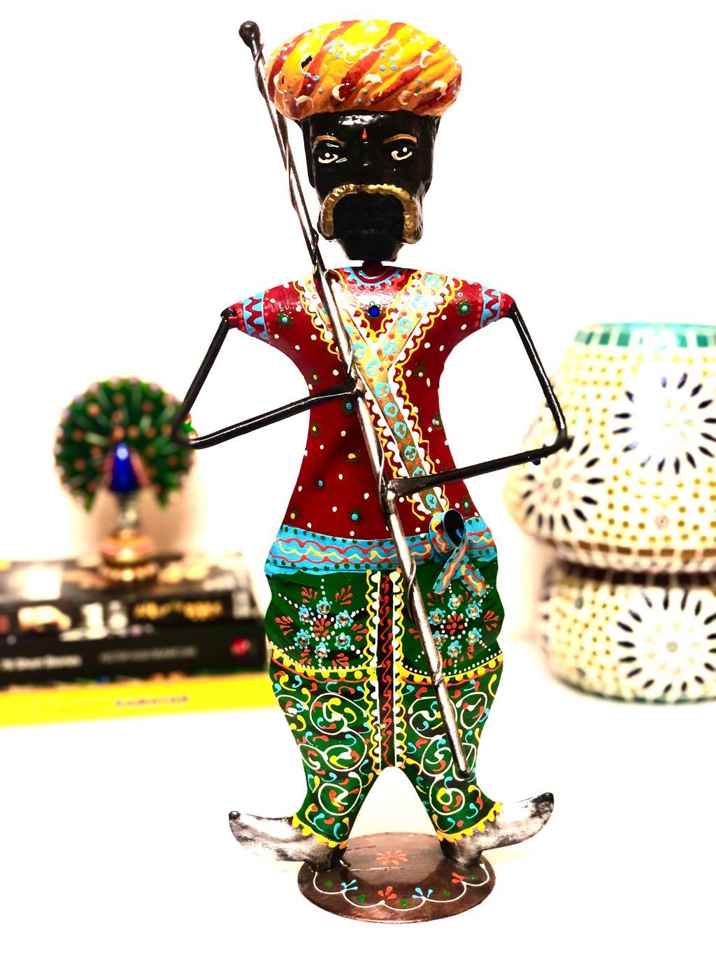 Indian Villager Guard Holding Stick Ethnic Attire Metal Tamrapatra - Tamrapatra