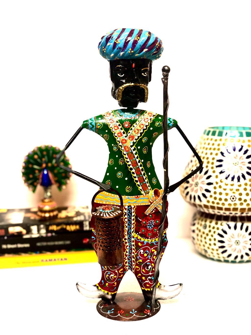 Indian Villager Guard Holding Stick Ethnic Attire Metal Tamrapatra - Tamrapatra