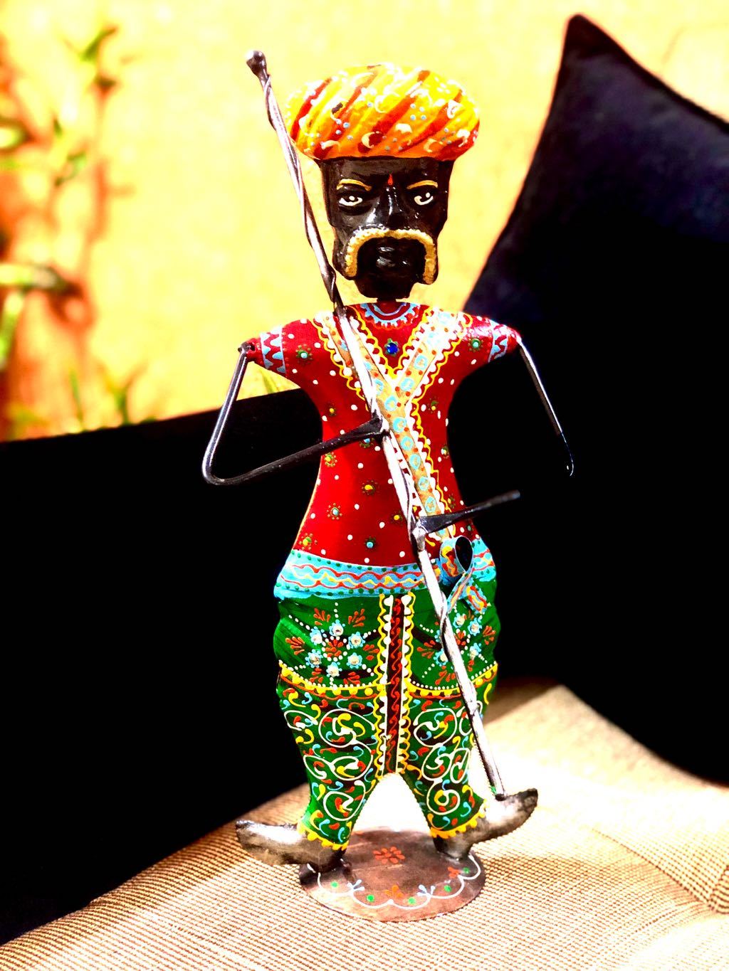 Indian Villager Guard Holding Stick Ethnic Attire Metal Tamrapatra - Tamrapatra