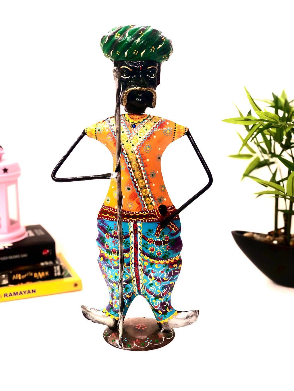 Indian Villager Guard Holding Stick Ethnic Attire Metal Tamrapatra - Tamrapatra